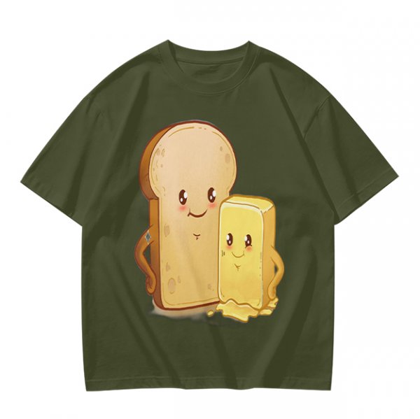 Olive T-Shirt With Cute Cartoon Bread And Butter Graphic
