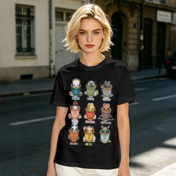 Olive T-Shirt With Cute Animal Teacup Character Print