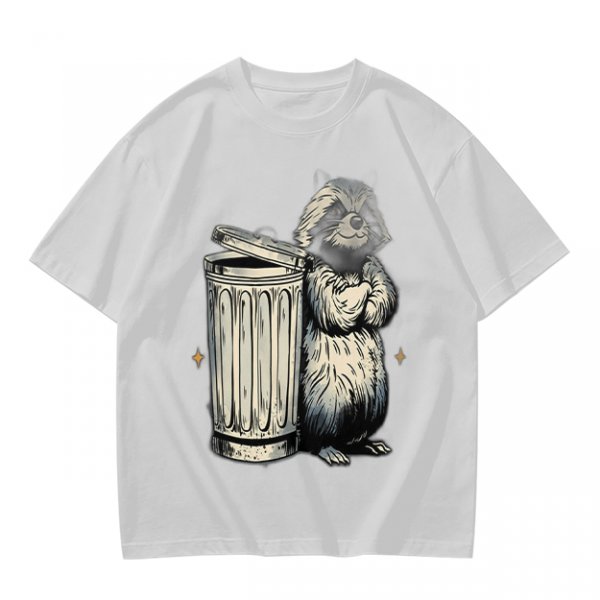 Olive Green T-Shirt With Raccoon Standing Next To Trash Can Graphic