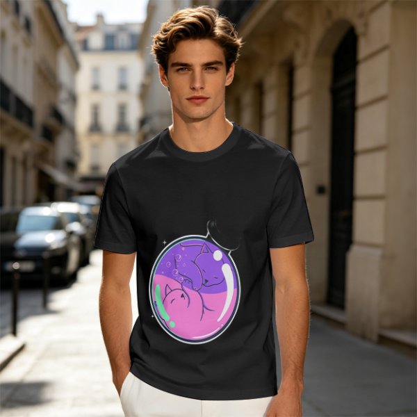Olive T-shirt with Sleeping Cats in Colorful Bubble Graphic