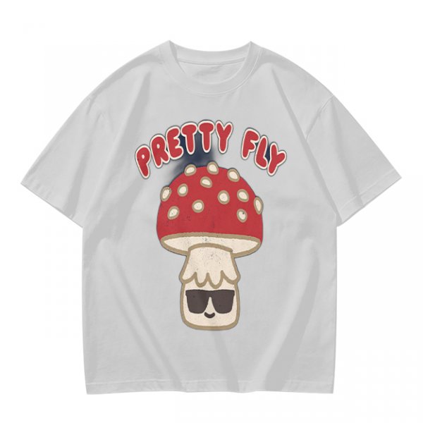 Olive green graphic t-shirt with 'Pretty Fly' and cool mushroom print