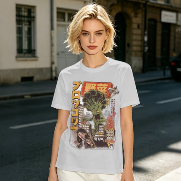 Olive T-shirt with Giant Broccoli Monster Attacking City Art