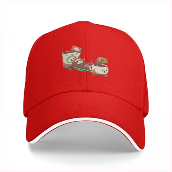 Black baseball cap with playful anthropomorphic coffee cups graphic