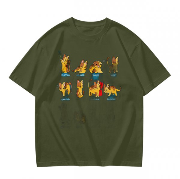 Olive Green T-Shirt With Cute Cartoon Cat Illustrations