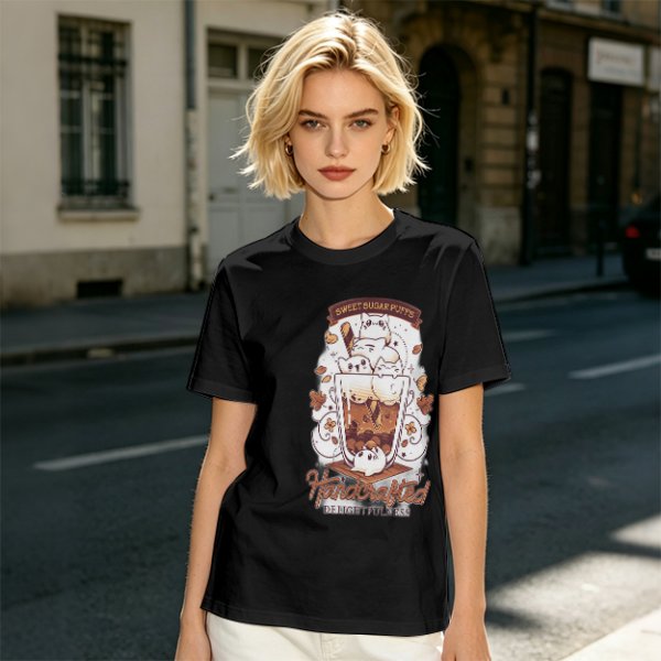 Olive t-shirt with cute cat bubble tea graphic print