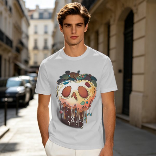 Olive Green T-Shirt With Creepy Melting Skull Apple Graphic