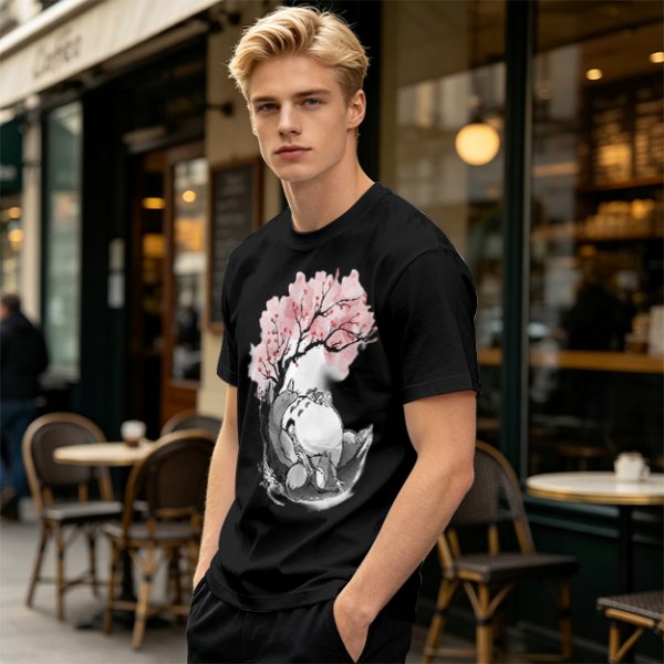 Olive T-shirt with Totoro and Cherry Blossom Tree Art Print