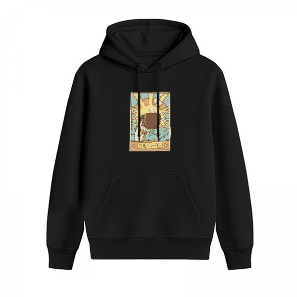 Black Hoodie With Tarot Card Style Coffee Print Design