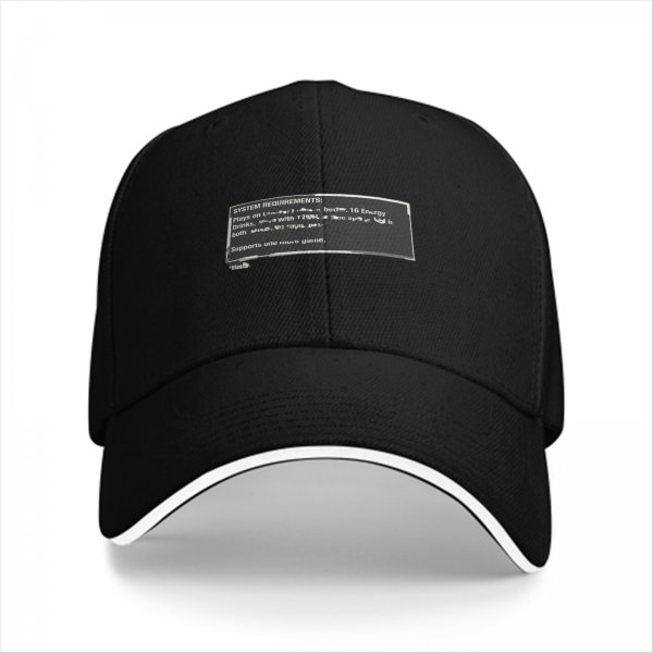 Black baseball cap with system requirements text print