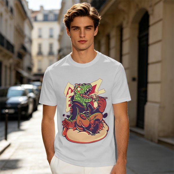 Olive T-Shirt with Cartoon Crocodile Eating Snack Graphic
