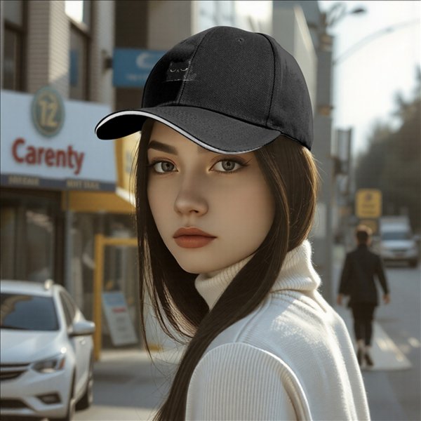Black Baseball Cap With Grumpy Black Cat Graphic Design