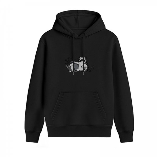 Black hoodie with cool cat in sunglasses holding potted plant graphic