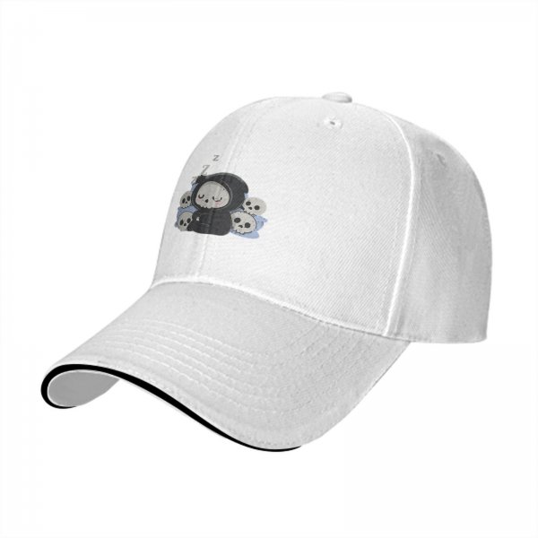 Black baseball cap with cute sleeping grim reaper and skulls graphic