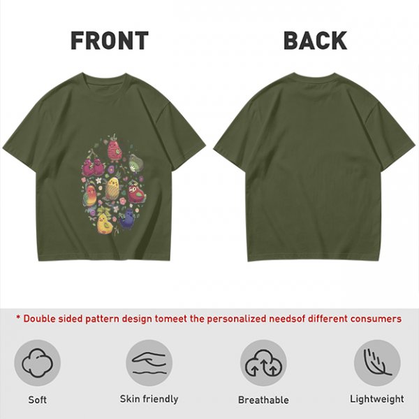 Olive Green T-Shirt With Whimsical Fruit Bird Graphic Print