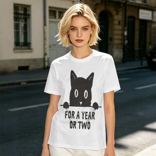 Olive graphic t-shirt with black cat holding 'for a year or two' text