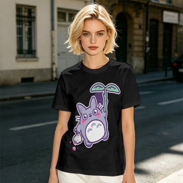 Olive T-Shirt With Cute Chibi Totoro Holding Leaf Print