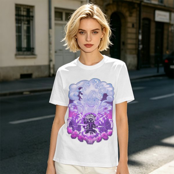 Olive T-shirt with Luffy Gear 5 Sun God Nika Anime Graphic Print