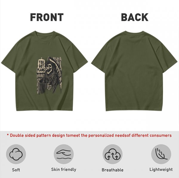Olive graphic t-shirt with grim reaper and 'You Got Plans?' print