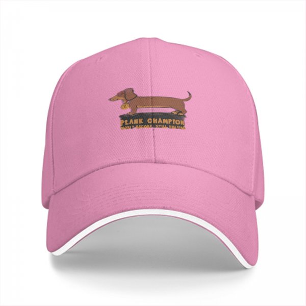 Black baseball cap with dachshund plank champion graphic
