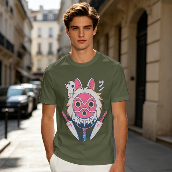 Olive T-Shirt with Princess Mononoke Mask and Kodama Print