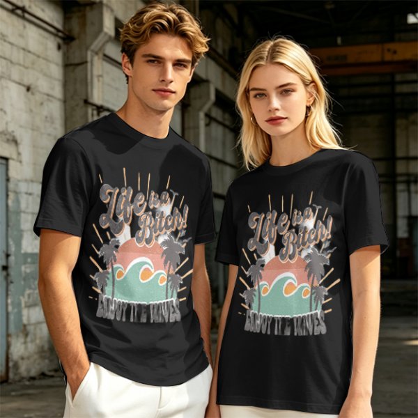 Olive graphic t-shirt with tropical sunset wave and palm tree print