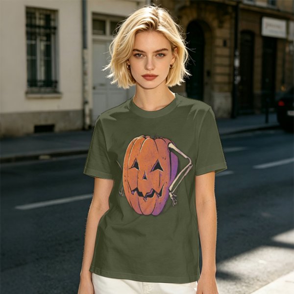 Olive Halloween T-Shirt with Skeleton Arm Jack-o'-Lantern Graphic