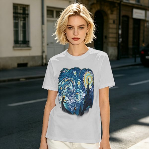 Olive T-Shirt with Starry Night Art Print