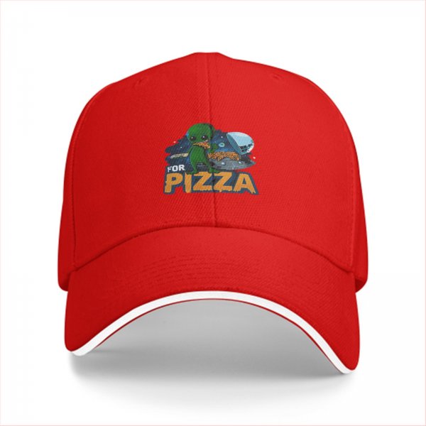 Black baseball cap with alien eating pizza and 'FOR PIZZA' text
