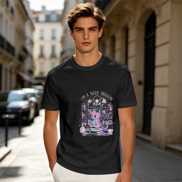 Olive t-shirt with cute book dragon reading design