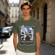 Olive green t-shirt with raccoon chef graphic and text