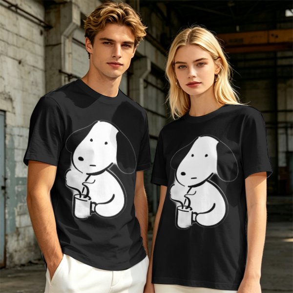 Olive Green T-Shirt With Cartoon Dog Holding Hot Drink Graphic