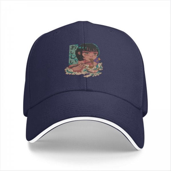 Black baseball cap with anime girl eating ramen graphic