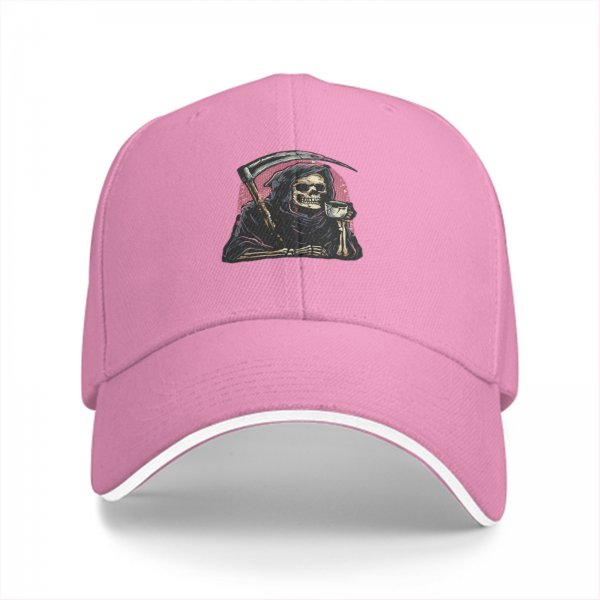 Black Baseball Cap With Grim Reaper Holding Scythe And Drink Graphic