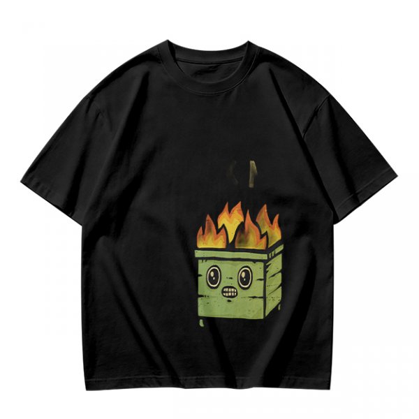 Olive Green T-Shirt With Cartoon Burning Dumpster Graphic