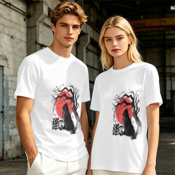Olive T-Shirt with Black Cat and Red Moon Gothic Art Print