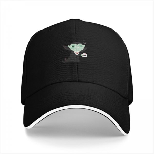 Black baseball cap with sad cartoon vampire holding blood bag print