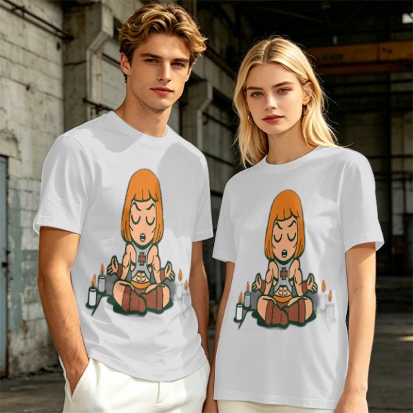 Olive T-shirt with cartoon muscular character meditating surrounded by candles