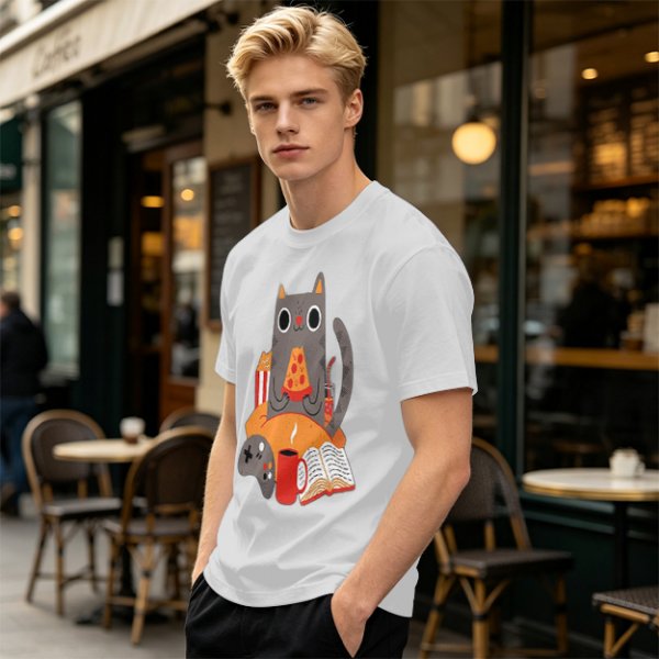 Olive T-Shirt With Cozy Cat Eating Pizza And Gaming Print