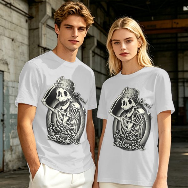 Olive t-shirt with skeleton graphic and 'Cheers! I'm Having Another Crisis' text