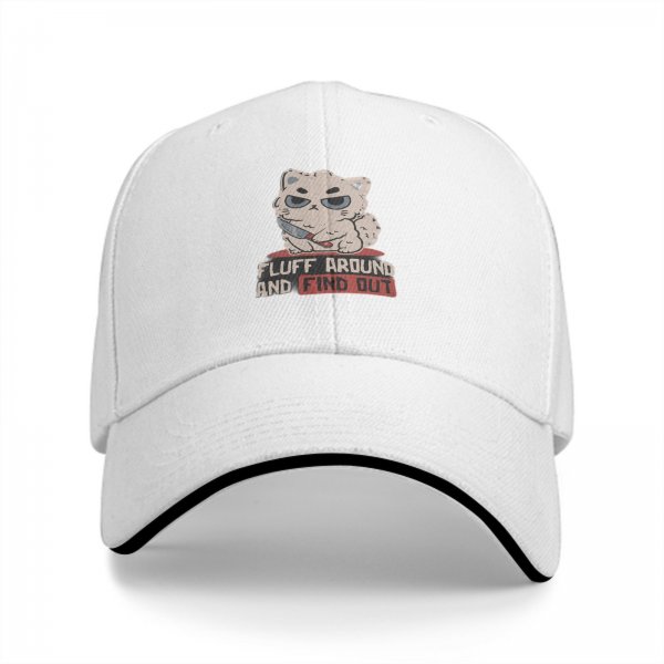 Black baseball cap with grumpy fluffy cat holding knife and 'Fluff Around And Find Out' text