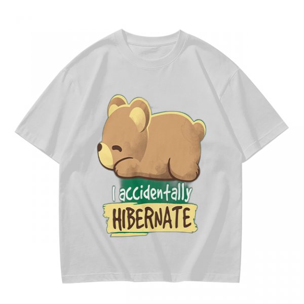 Olive t-shirt with sleeping bear and 'I accidentally hibernate' text
