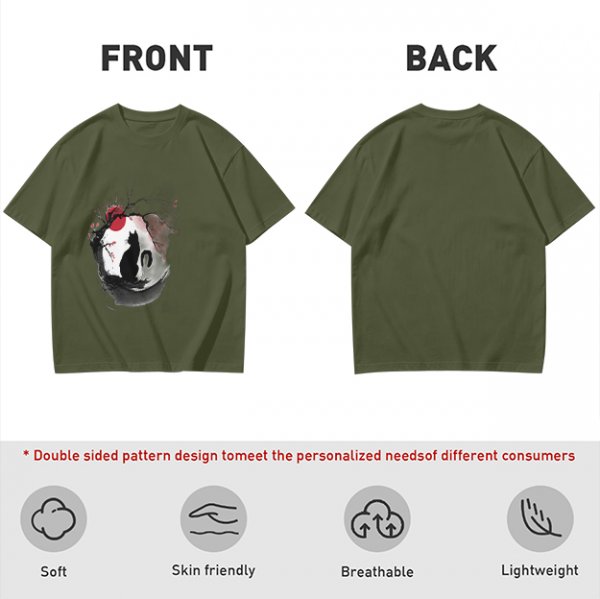 Olive T-Shirt with Japanese Style Cat and Red Sun Art Print