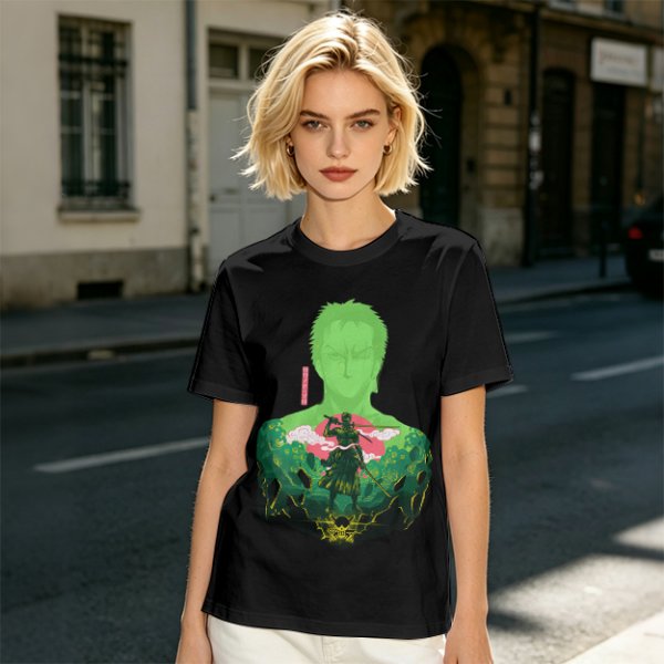 Olive Anime T-Shirt With Samurai Warrior Silhouette Art