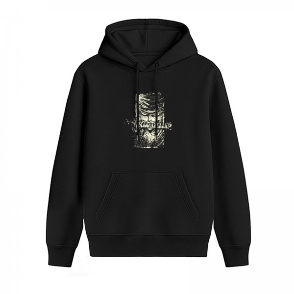 Black hoodie with anime swordsman graphic print
