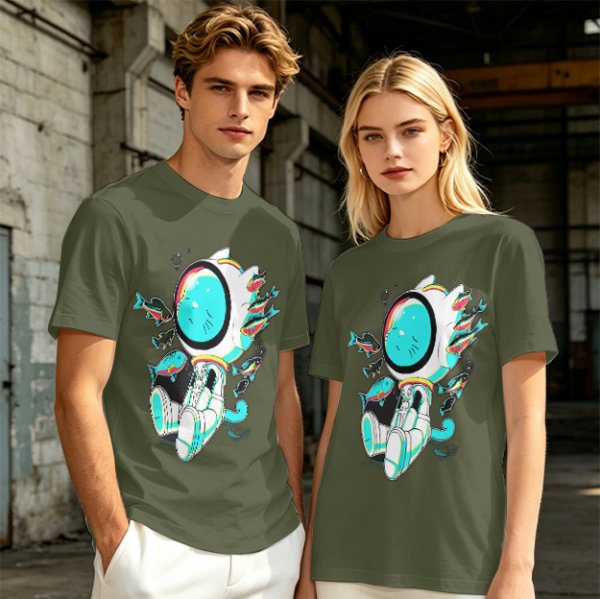 Olive T-Shirt with Astronaut Cat and Fish Graphic Print