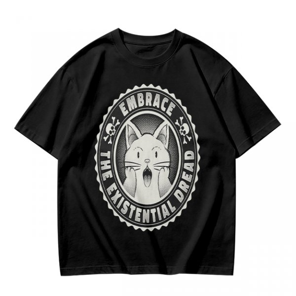 Olive t-shirt with 'Embrace the Existential Dread' screaming cat graphic
