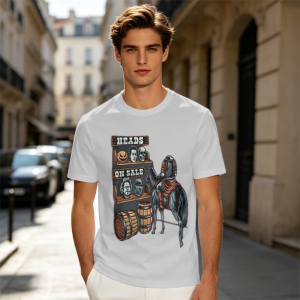Heads On Sale Graphic Tee With Head Shelf And Horseman Art