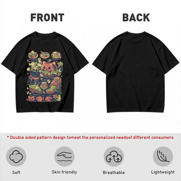 Olive T-Shirt With Halloween Themed Food And Pumpkin Cat Print
