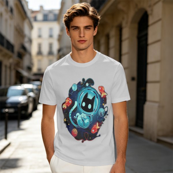 Olive t-shirt with space astronaut cat and goldfish graphic