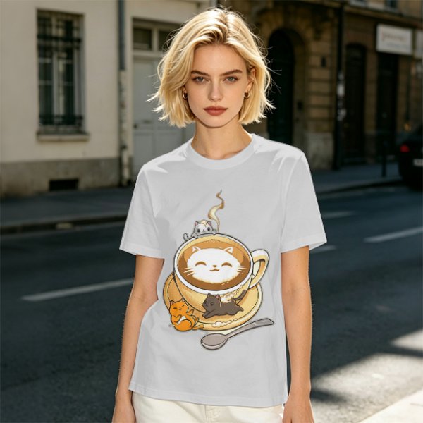 Olive Green T-Shirt With Cute Cat Latte Art And Kittens Print